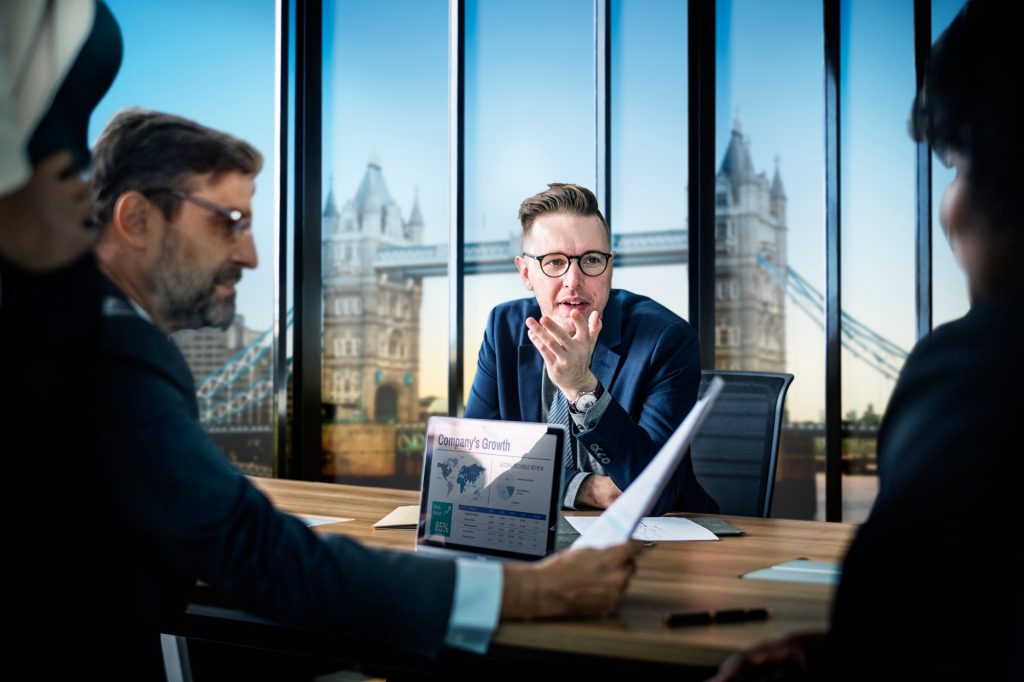 Office view overlooking London skyline, representing commercial bridge loans